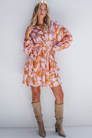 Brown Floral Puff Sleeve Smocked Waist Layered Dress