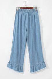 Myosotis Light Wash Raw Hem Ruffled Wide Leg Jeans