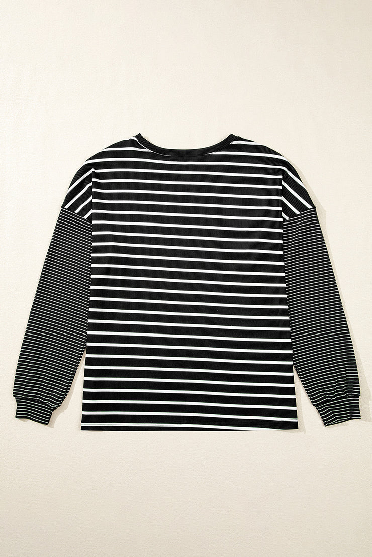 Black Stripe Patchwork Loose Long Sleeve Tee