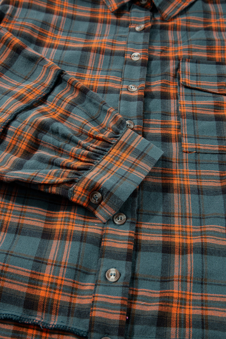 Plaid Long Sleeeve Side Split Distressed Hem Shirt