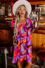 Orange Abstract Print Ruffled Sleeve Shift Dress