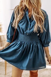 Blue 3/4 Sleeve Shirred High Waist Buttoned Mini Dress