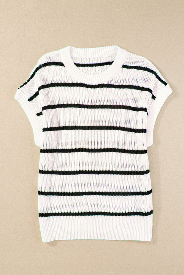 White Stripe Round Neck Batwing Sleeve Sweater