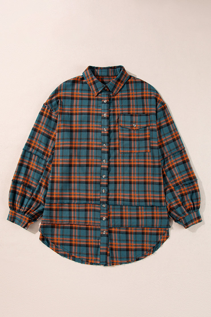 Plaid Long Sleeeve Side Split Distressed Hem Shirt