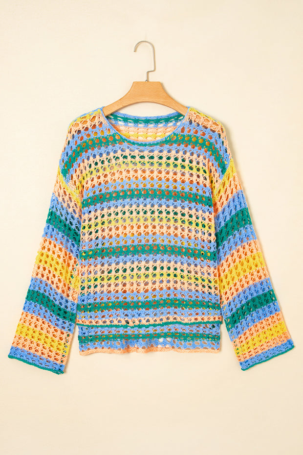Striped Open Knit Sweater Beach Cover Up