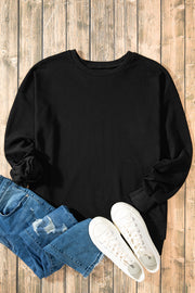 Black Solid O Neck High Low Hem Pullover Sweatshirt