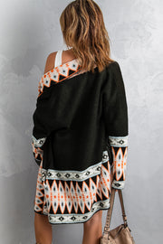 Black Aztec Print Open Front Knitted Cardigan