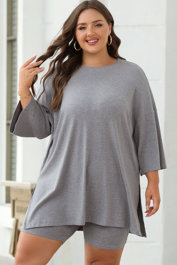 Light Grey Solid Color Loose Tunic Top and Slim Shorts Set