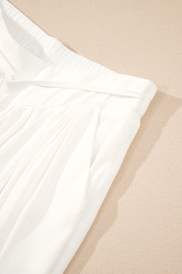 White Solid Drop Waist Pleated Wide Leg Casual Pants
