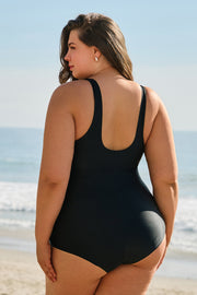 Black Solid Color U Neck Padded Plus Size One Piece Swimsuit