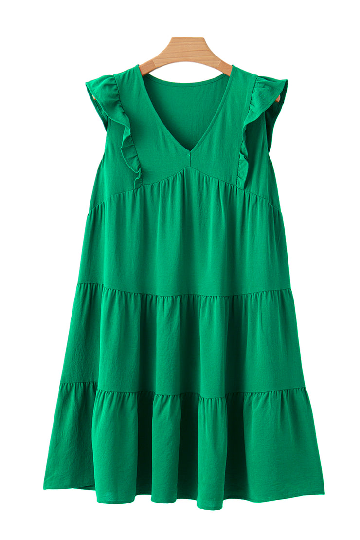 Green Solid Color V Neck Ruffle Tiered Mini Dress