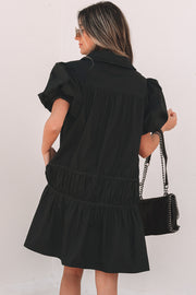 Black Puff Sleeve Ruffle Hem Dress