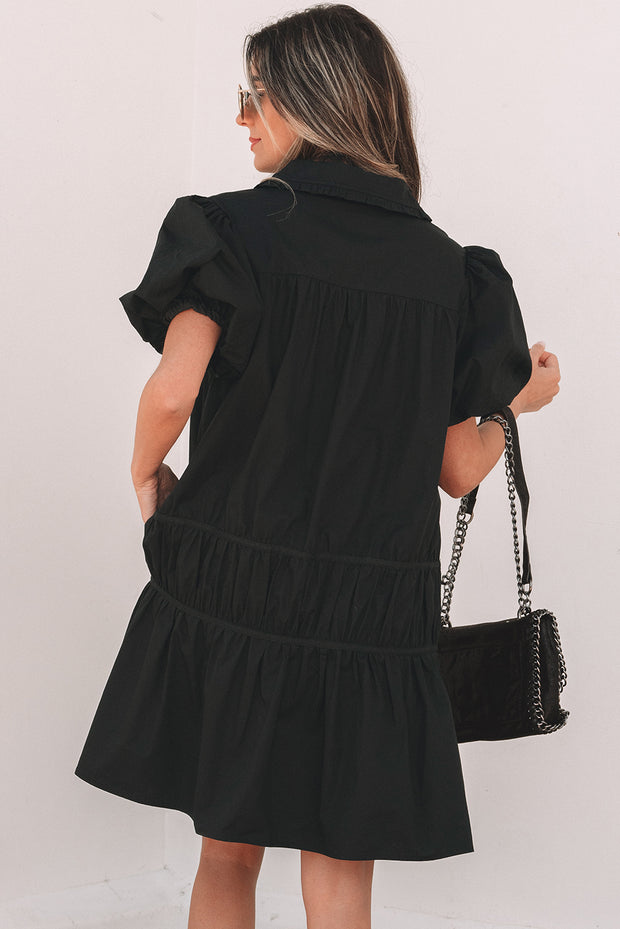 Black Puff Sleeve Ruffle Hem Dress