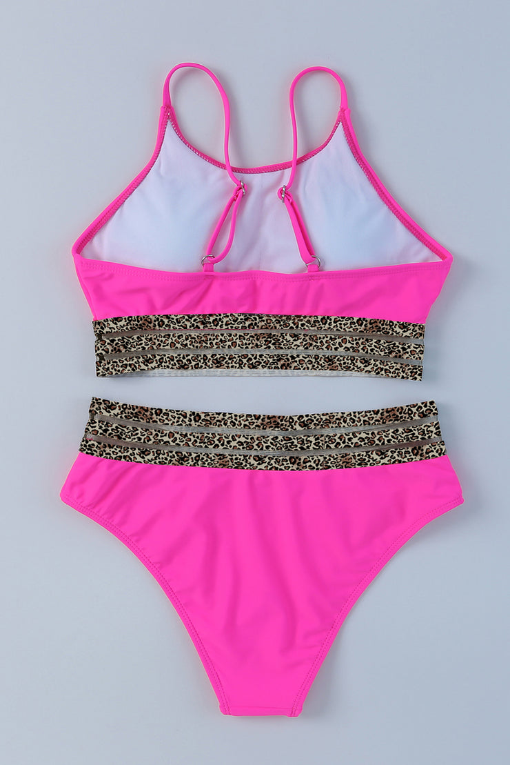 Rose Leopard Mesh Trim 2pcs Bikini Swimsuit