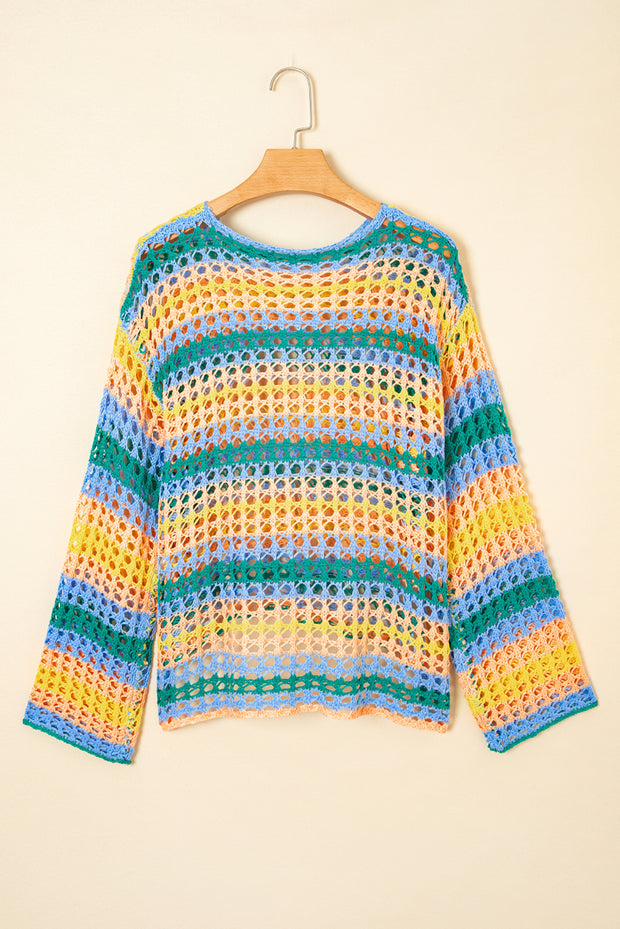 Striped Open Knit Sweater Beach Cover Up