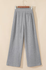 Gray Waffle Knit Drawstring High Waist Wide Leg Pants