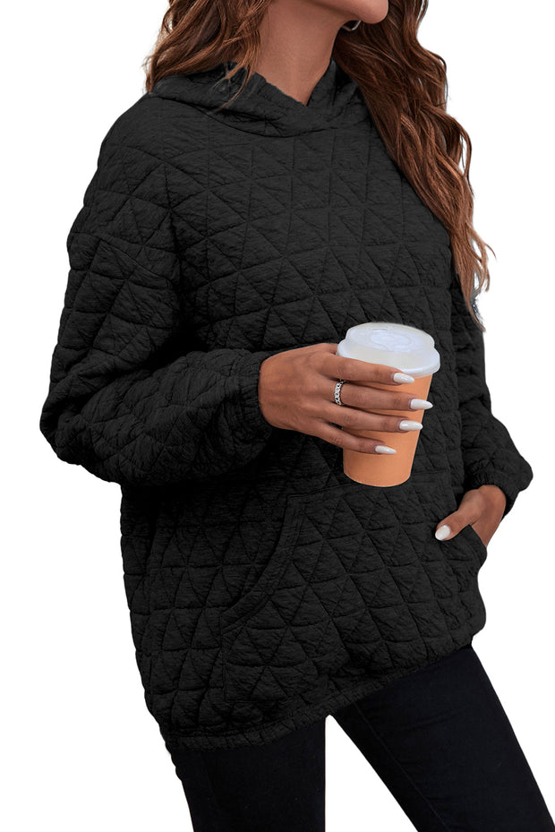 Black Solid Color Quilted Kangaroo Pocket Hoodie