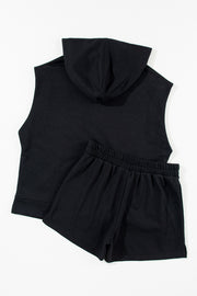 Black Solid Color Sleeveless Hoodie and Shorts Set