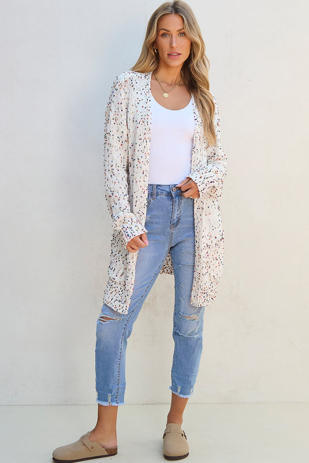 White Multicolor Dotted Rib Knit Long Sleeve Cardigan