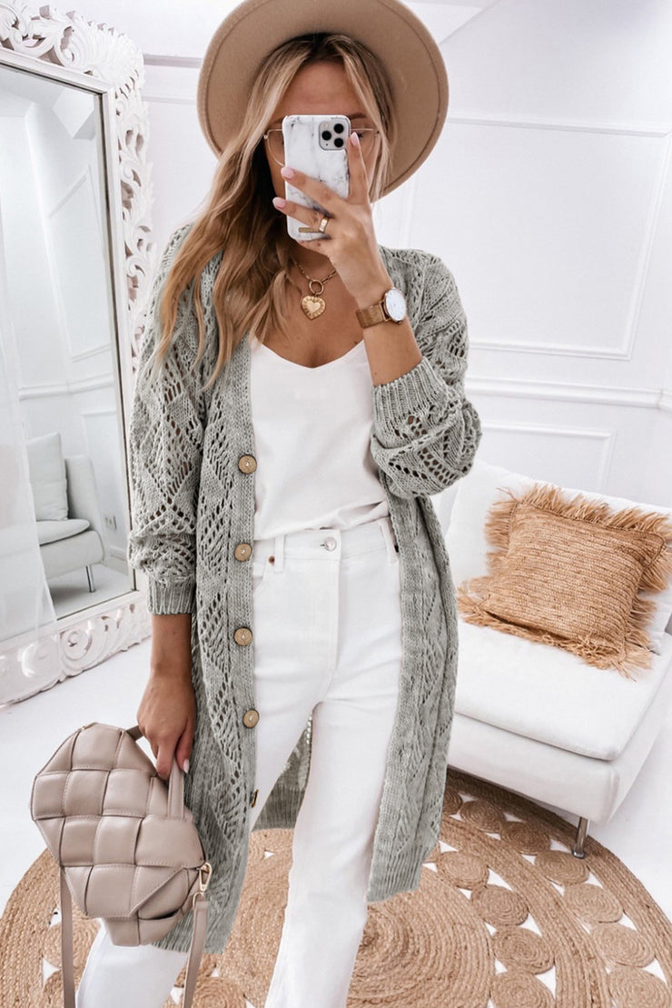 Gray Hollow-out Openwork Knit Cardigan