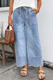 Beau Blue Drawstring Seam Detail Raw Hem Wide Leg Denim Pants