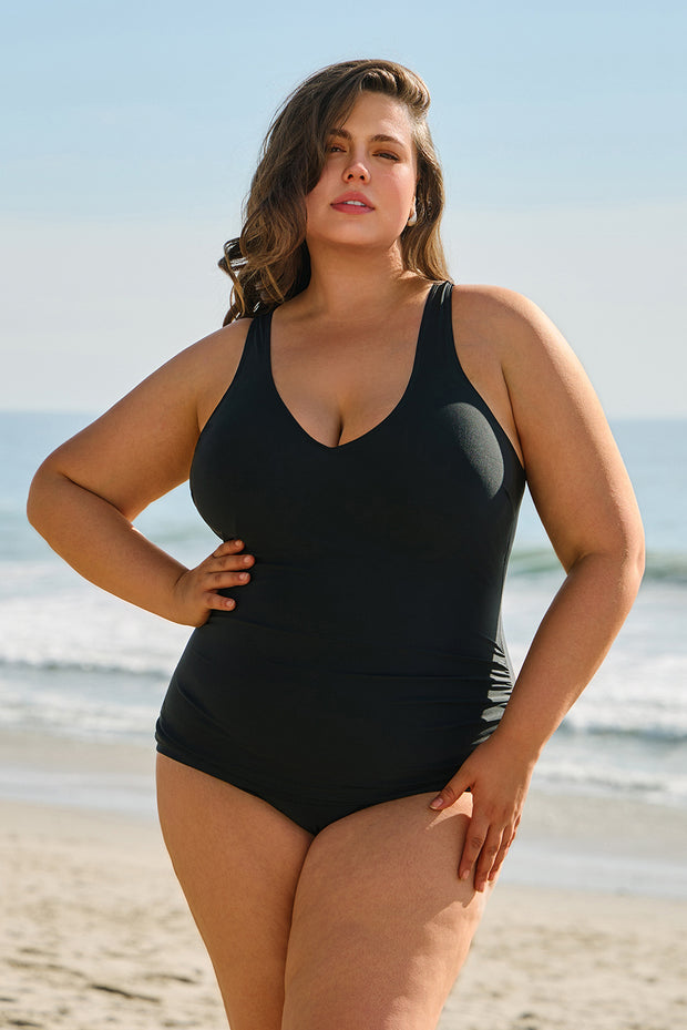 Black Solid Color U Neck Padded Plus Size One Piece Swimsuit