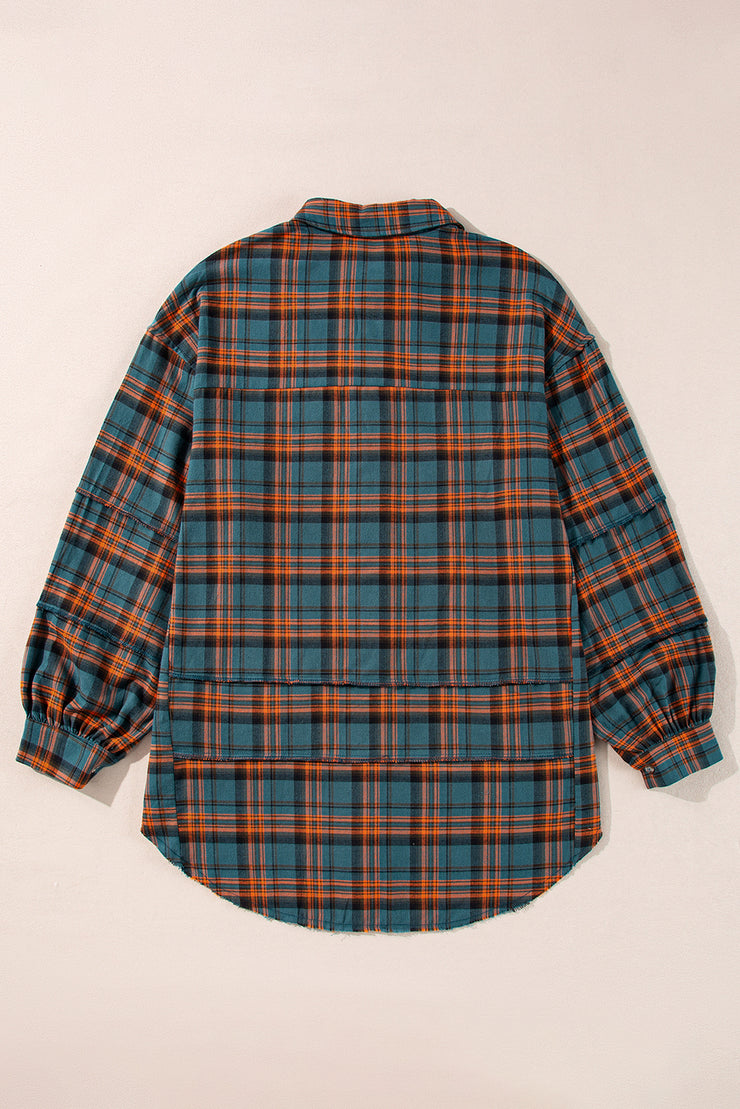 Plaid Long Sleeeve Side Split Distressed Hem Shirt