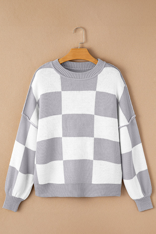 Gray Checkered Bishop Sleeve Sweater