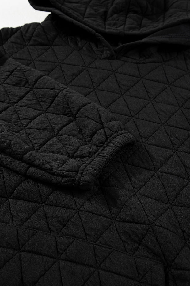 Black Solid Color Quilted Kangaroo Pocket Hoodie