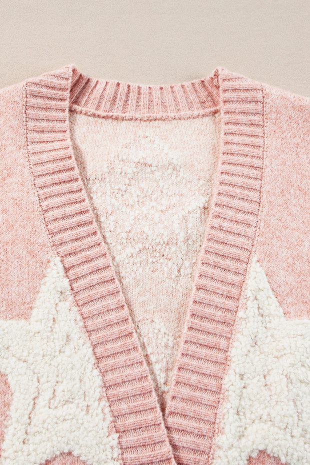 Pink Sherpa Star Pattern Textured Sweater Cardigan with Pockets