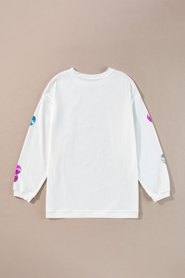 White Valentines Slogan Heart Sequin Corded Baggy Sweatshirt