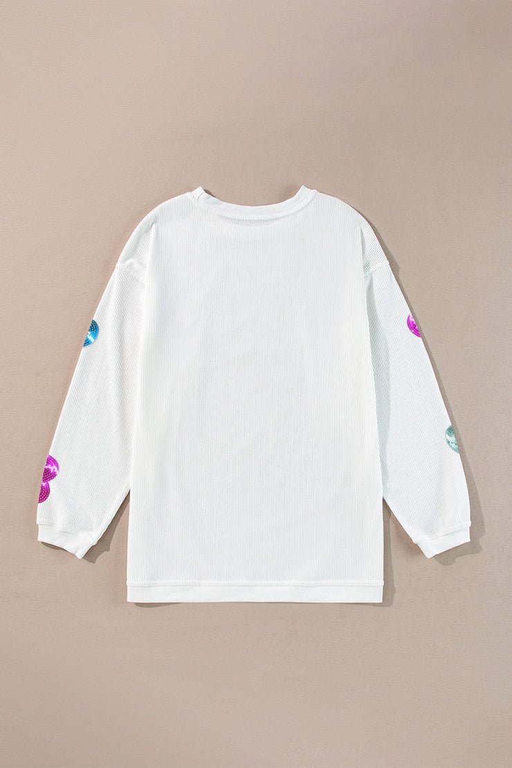 White Valentines Slogan Heart Sequin Corded Baggy Sweatshirt