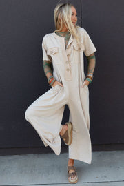 Beige Half Placket Chest Pockets Short Sleeve Wide Leg Jumpsuit