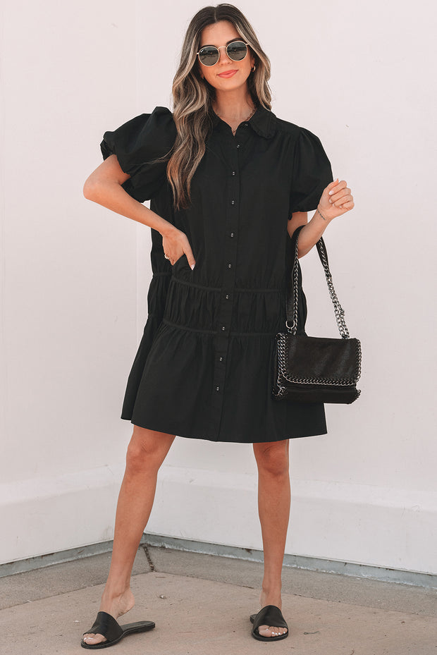 Black Puff Sleeve Ruffle Hem Dress