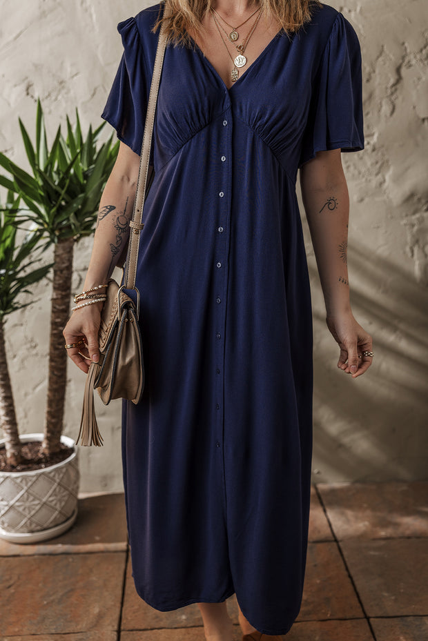Navy Blue V Neck Midi Dress