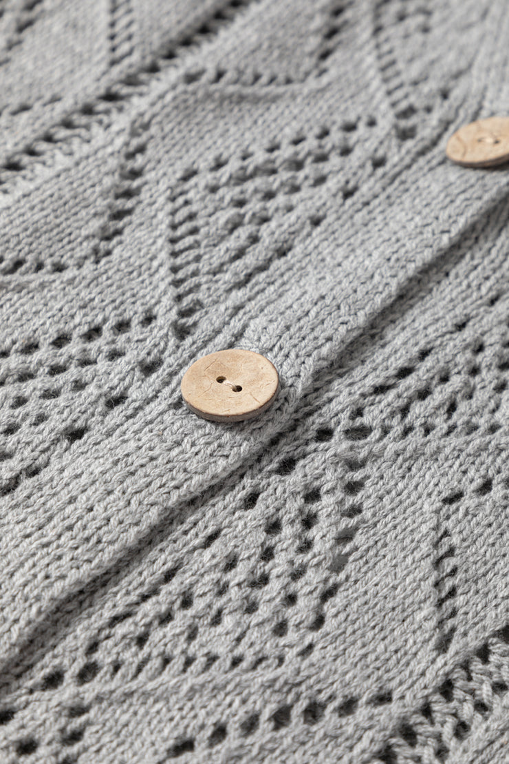 Gray Hollow-out Openwork Knit Cardigan