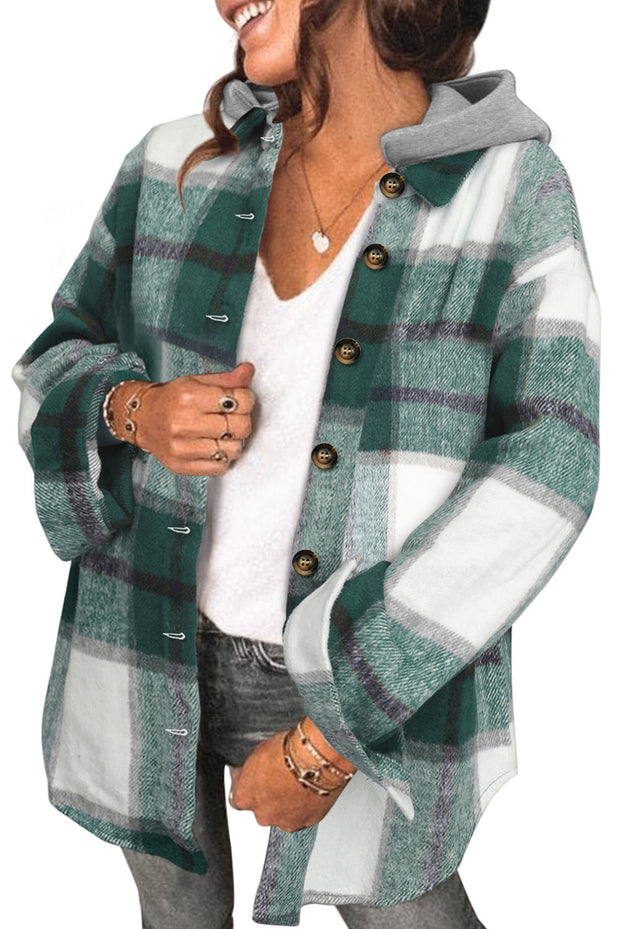 Green Hooded Plaid Button Front Shacket