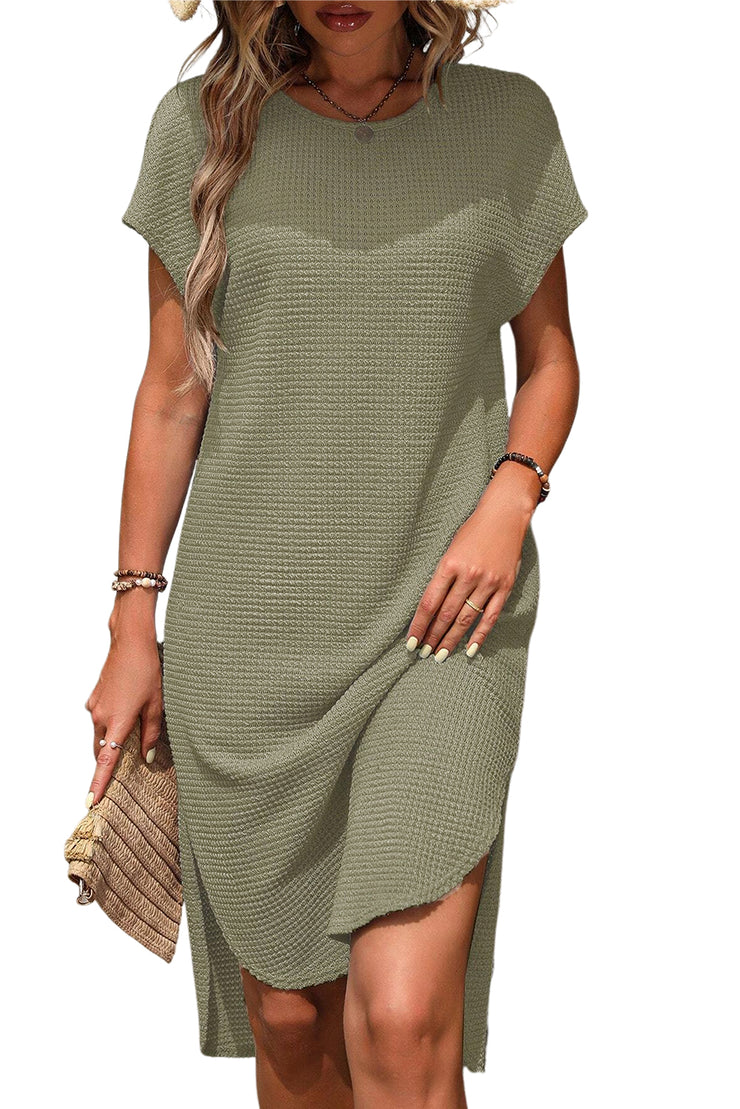 Safari Green Waffle Texture Curved Hem Side Slit T-shirt Dress