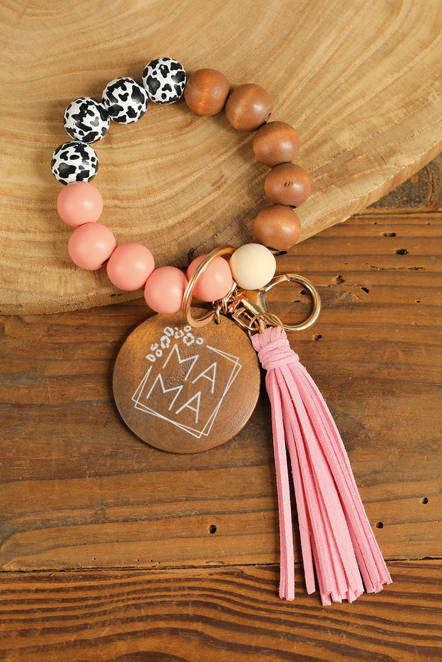 Pink MAMA Wood Pendant Leopard Fringe Keychain