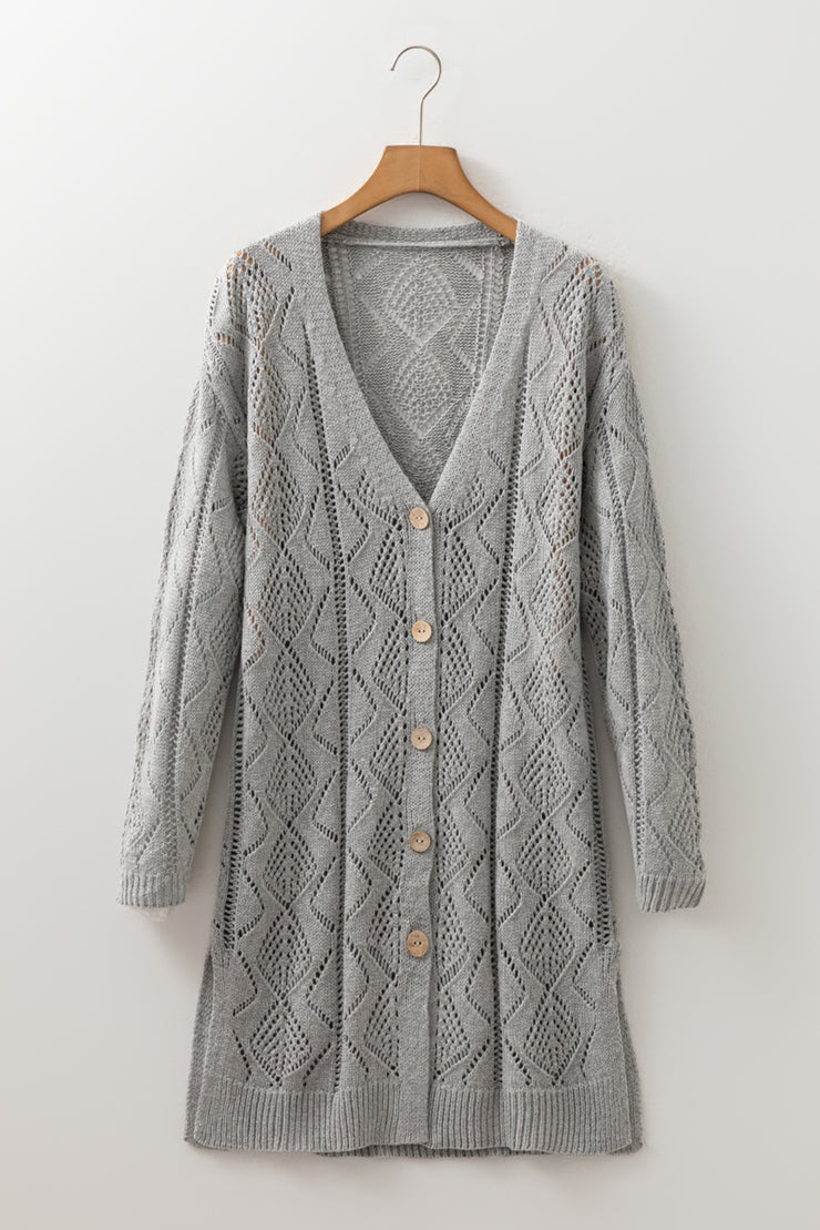 Gray Hollow-out Openwork Knit Cardigan
