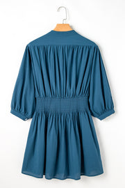 Blue 3/4 Sleeve Shirred High Waist Buttoned Mini Dress