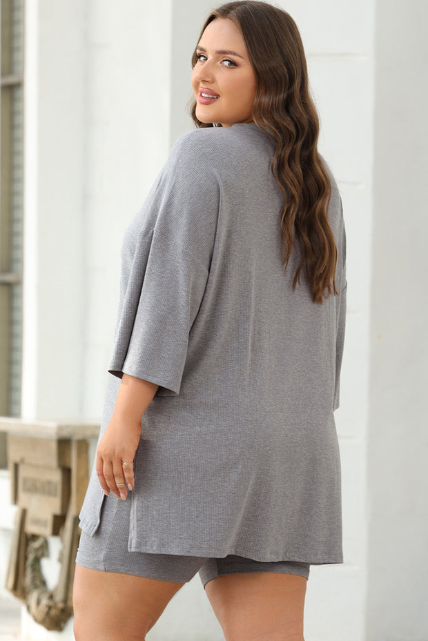 Light Grey Solid Color Loose Tunic Top and Slim Shorts Set