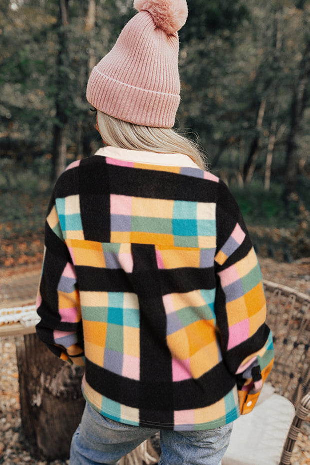 Black Plaid Print Pocketed Half Button Collared Sweatshirt