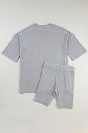 Light Grey Solid Color Loose Tunic Top and Slim Shorts Set