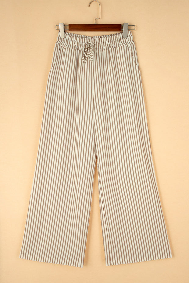 Khaki Stripe Print Wide Leg Drawstring Pants