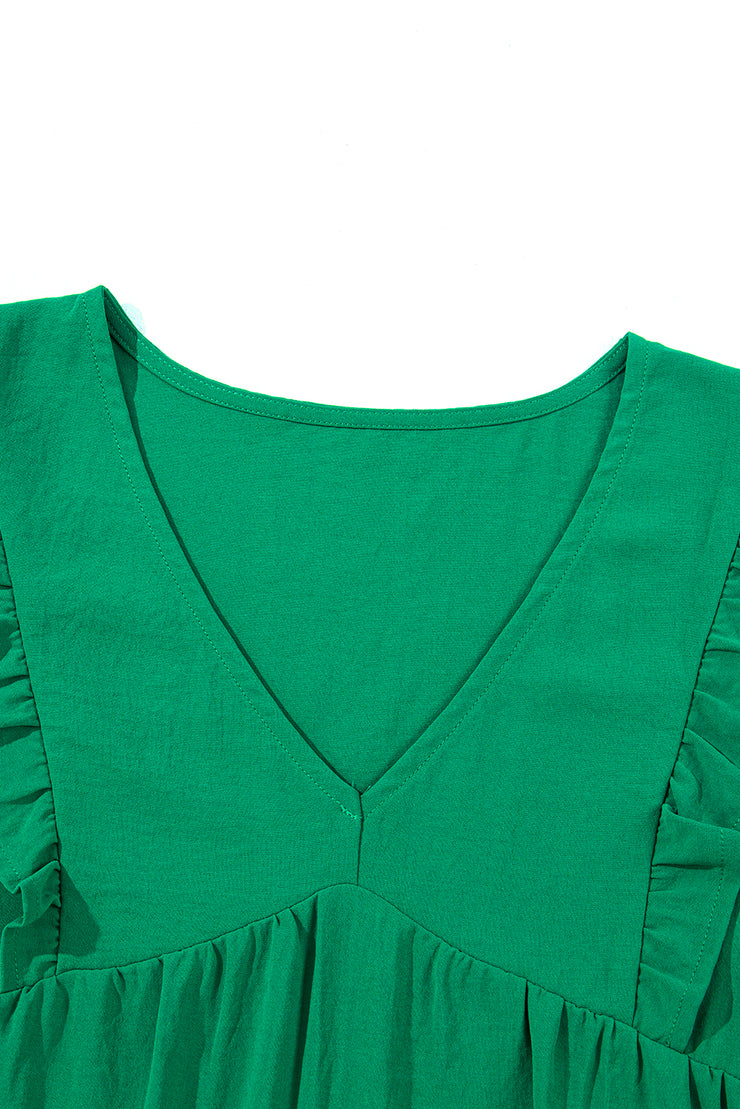 Green Solid Color V Neck Ruffle Tiered Mini Dress