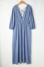 Myosotis Chambray Deep V Neck Bracelet Sleeve Maxi Dress