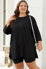 Color black Solid Color Loose Tunic Top and Slim Shorts Set