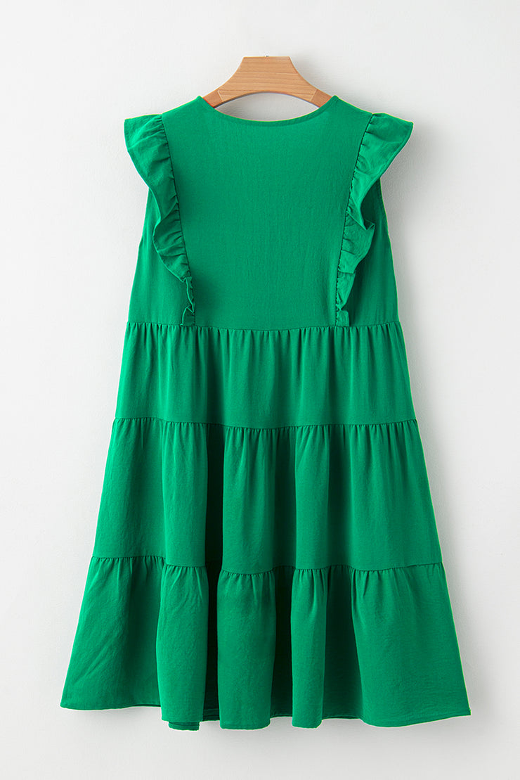 Green Solid Color V Neck Ruffle Tiered Mini Dress