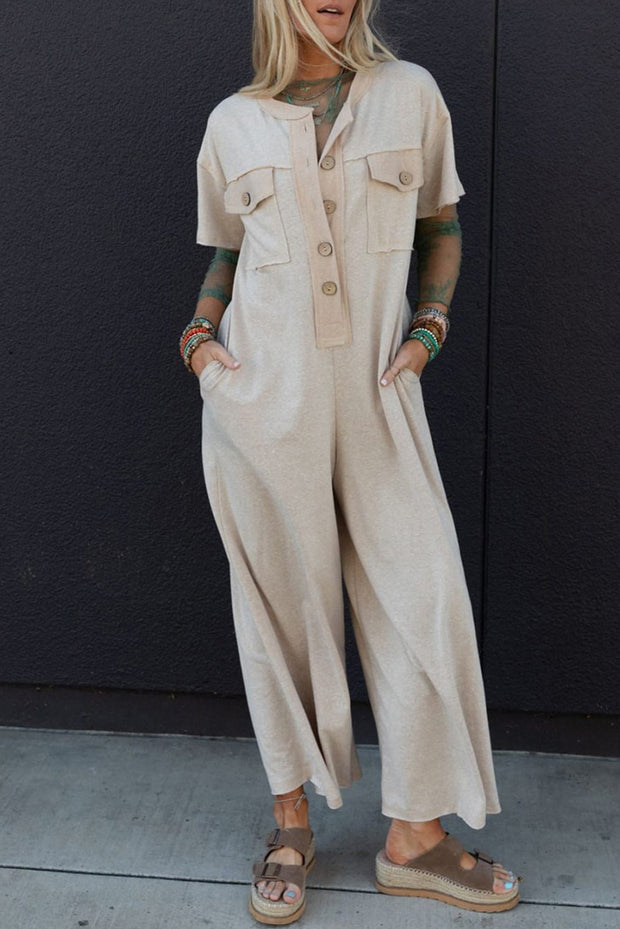 Beige Half Placket Chest Pockets Short Sleeve Wide Leg Jumpsuit